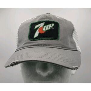 7 UP‎ Snapback Gray W/ White Mesh Back Distressed 7UP Logo Patch Trucker Cap NWT